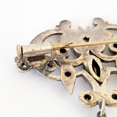 Antique Art Nouveau Silvertone Brooch Pin Purple Rhinestone Trombone Clasp 1900s