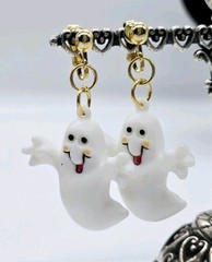Halloween Earrings Ghost Shape Dangle Clip On Plastic Gold tone 2.5 in