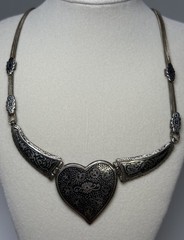900 Silver Niello Heart Collar 18” Necklace Ornate Inlay Double Strand