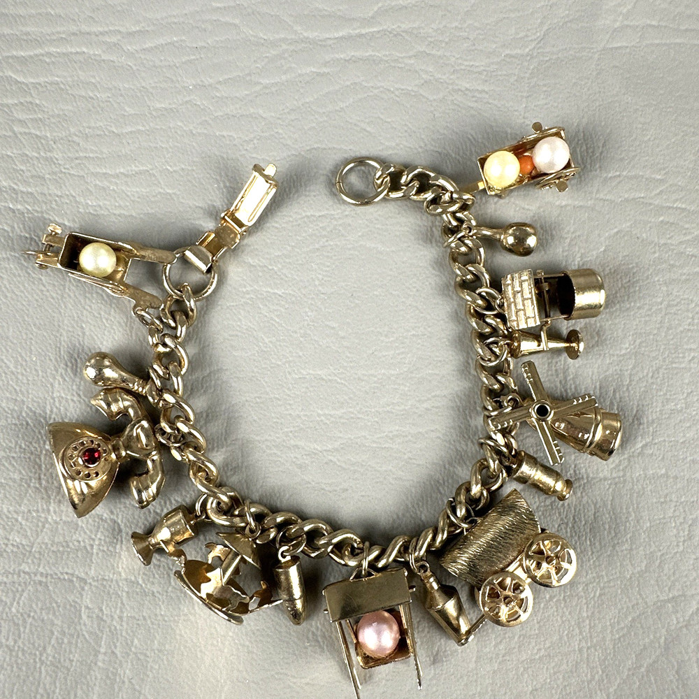 Vintage Charm Bracelet Windmill Well Cart Gold Tone Dutch Theme 7.5″