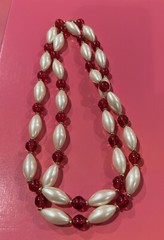 Monet Signed Necklace Faux Pearls Red Stones 36 In Signed