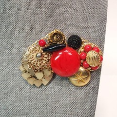 VTG Maximalist Art Brooch Pin Red Black Gold Tone Statement Fashion Steam Punk