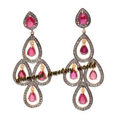 Victorian 2.25ctw Rose Cut Diamond Ruby Studded Silver Gorgeous Earring Jewelry