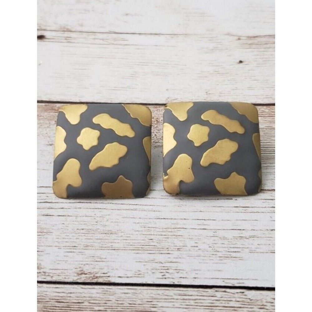 Vintage Clip On Earrings Gray & Gold Tone Square Shape Cloud Pattern Large