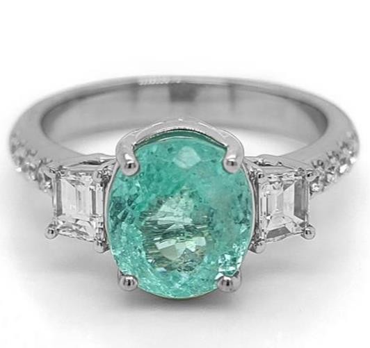 3.89CT DIAMOND & AAA PARAIBA TOURMALINE 18KT WHITE GOLD 3 STONE ENGAGEMENT RING