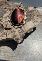 Red Tigers Eye cabochon pendant in Stirling silver 925 setting