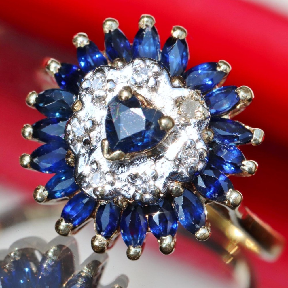 14k y/gold sz 5.5 ring 0.82ct natural treated sapphire diamond heart 3.7g N2998B