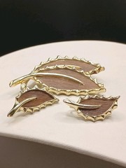 Vintage Sarah Coventry Wooded Beauty Set Brooch Clip Earrings 1968 Gold Tone