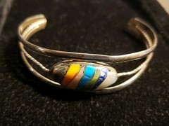 Multicolor Stone Inlay Silver Bracelet Cuff 1970’s 1980s Vintage READ