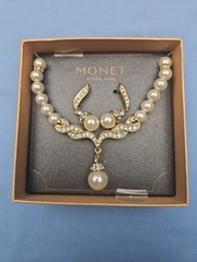 Monet Pearl & Crystal Gold Tone Necklace Earrings Set – in box – unused
