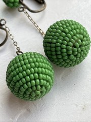 Vintage Green Glass Seed Bead Dangle Drop Clip On Earrings Go Go Style 2”
