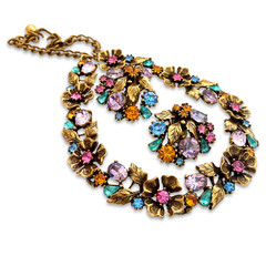 Vintage 1950s Signed LISNER Pastel Rhinestone Flower Leaf Necklace Earrings Set