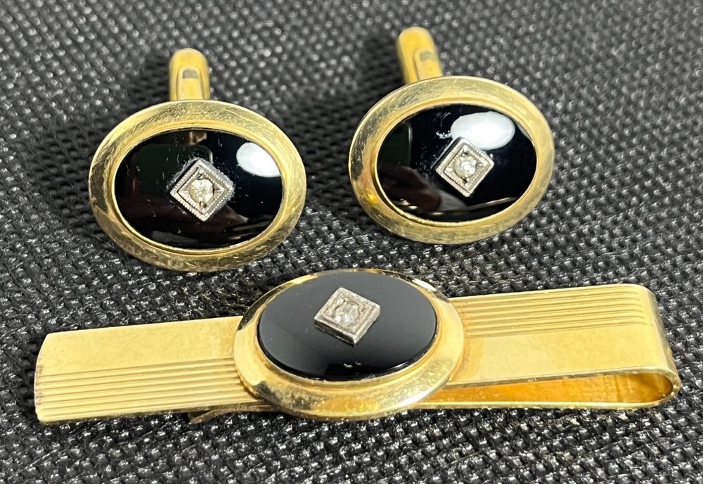 Vintage 1/20 12K GF Onyx & Diamond Cufflinks Tie Bar Set Pitman Keeler MCM