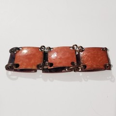 Vintage Copper Link Bracelet with Orange Enamel on Square Panels