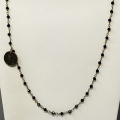 Designer Glass Bead Necklace R&R Coin Charm Chain Links Black Facet Retro 28″