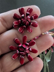 VINTAGE 1960s LARGE RED ENAMELED MULTI-LAYER FLOWER BROOCH & EARRINGS T14