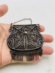 Antique Silver Tone Intricate Filigree Swirl Flower Coin Perfume Purse Pendant
