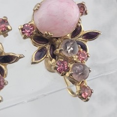 Victorian Pink Molded Glass Gripoix Cabochon Purple Enamel Screw Earrings 1 1/8″
