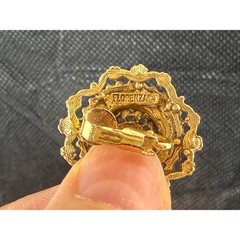 Vintage Florenza Filigree Clip‑On Earrings – Red Enamel & Pearl Center