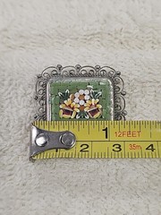Micro Mosiac Brooch Pin Flower Pattern Green & Silver Made in Italy filigree