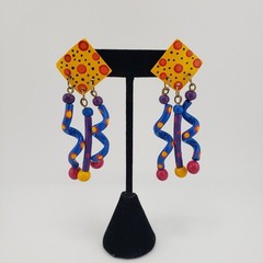 VTG 80s Earrings Memphis Style Pierced Kinetic Dangle Colorful Polka Dot Artsy