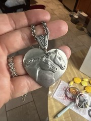Western Pewter Silver Tone Double Horse Head Pendant Necklace Cowboy Ranching