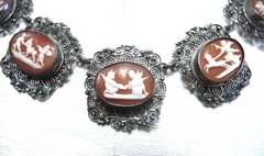 FABULOUS RARE ANTIQUE STERLING 800 SHELL CAMEO CANNETILLE CUPID CHARIOT NECKLACE