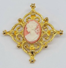 Vintage Signed AAI Cameo Lucite Woman Lady Carved Gold Tone Brooch Pin