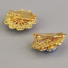 Rhinestone Flower Brooch Clip On Earrings Set Blue Opalite Round