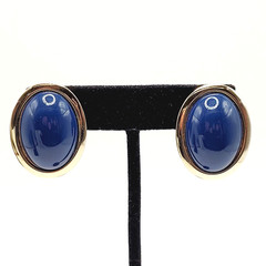 Modernist Navy Blue Slight Dome Lucite Oval Polished Gold Tone Pierced Earrings
