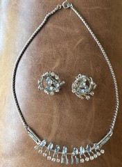 Vintsge demi-paruren Necklace & Clip Earrings Clear & Light Blue Rhinestones
