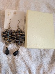 Geometric filigree Black, turquoise, and metallic beads, dangling teardrop
