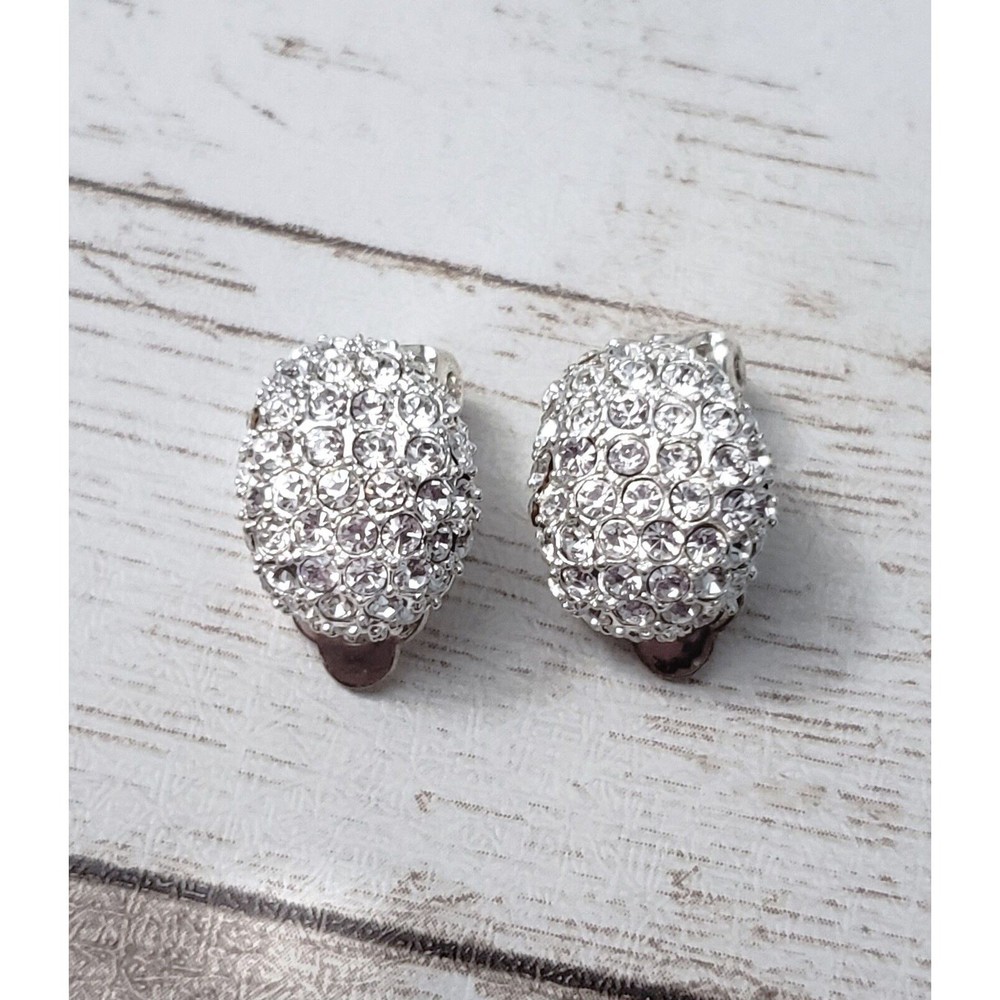 Vintage Clip On Earrings – Just Over 0.5″ Silver Tone & Clear Gems