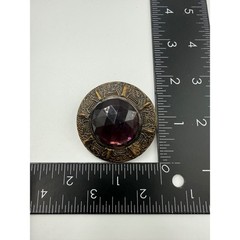 Vintage Ornate Round Brooch Purple Faceted Glass Stone Antiqued Brass Tone 1.5″