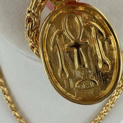 Vtg Kenneth Lane Byzantine Necklace Egyptian Revival Scarab KJL Faux Lapis 34″