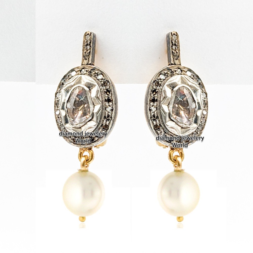 Stunning 1.35ctw Rose Antique Cut Diamond Pearl Silver Victorian Earring Jewelry