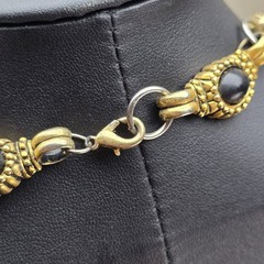 Vintage SJC Necklace Black Cabochon Gold Tone Silver Tone Link 16 Inch