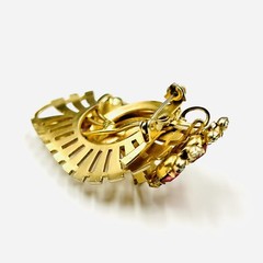 Vintage Fan Wave Rhinestone Brooch Red and Clear Prong Set Stones Gold Tone Pin