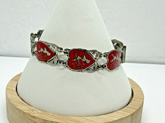 Vintage Siam Sterling Silver Niello Red Enamel Thai Dancer Panel Bracelet 10.3g