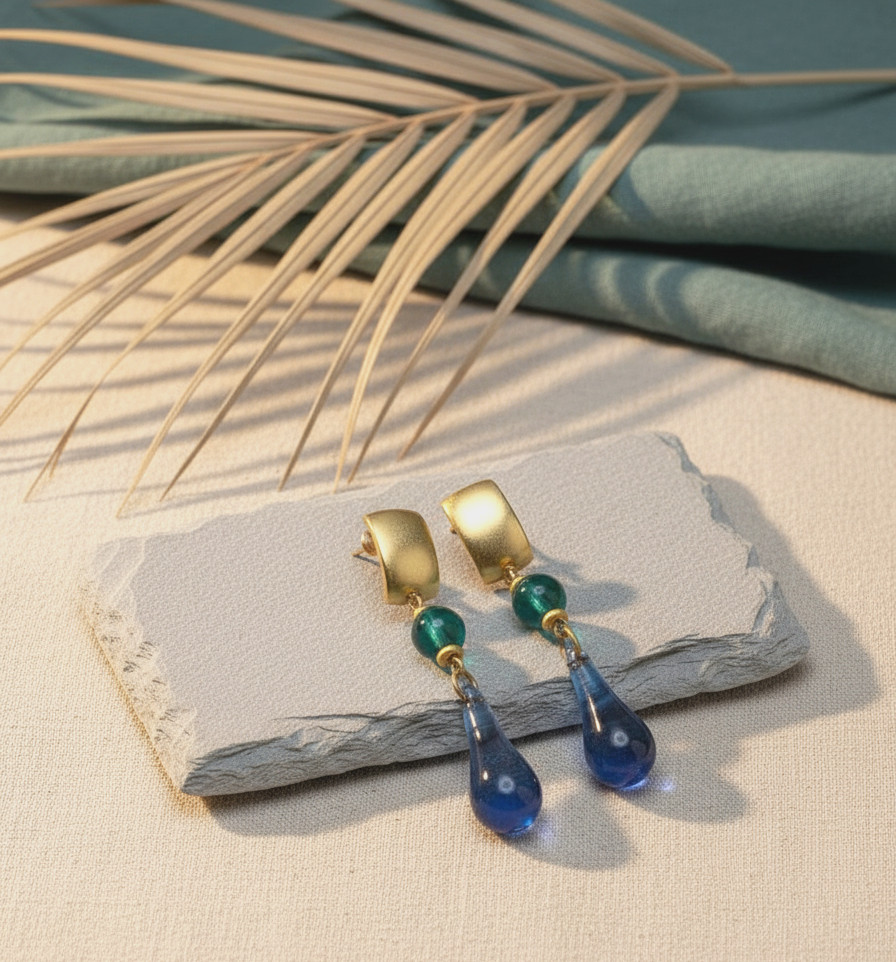 Vintage Signed MO Blue Glass Teardrop Dangle Earrings Gold Tone 2.5in