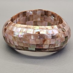 Vintage Mother of Pearl Bangle Bracelet Mosaic Wide Domed Peach Pink 8.25″