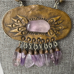 Vintage Artisan Amethyst Stone Polymer Clay Leather Statement Pendant Necklace