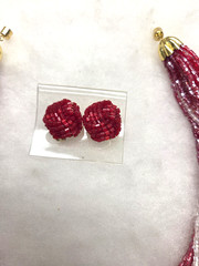 Vtg gold tone red white glass tube mutli strand Earrings Necklace Set