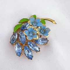 Vintage Flower Brooch Pin Pastel Blue Fancy Rhinestone Enamel Gold Tone Estate