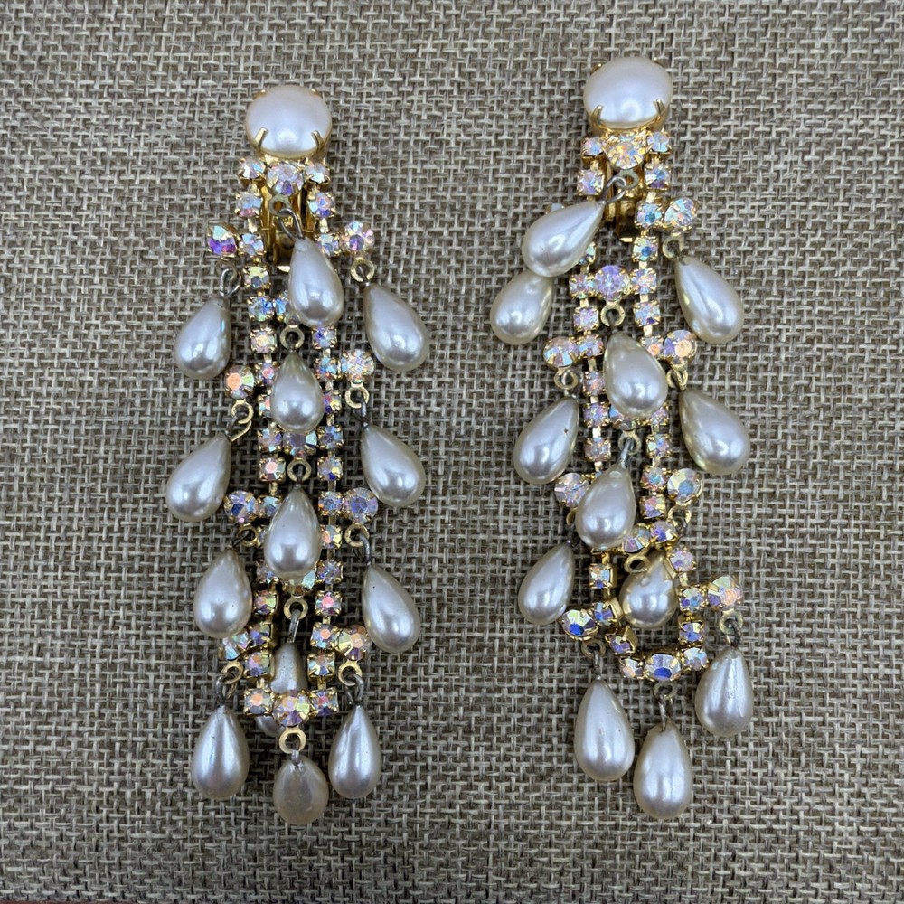 VTG Waterfall Tassel Dangle AB Rhinestone & Faux Teardrop Pearl Clip On Earrings