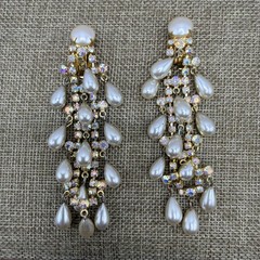 VTG Waterfall Tassel Dangle AB Rhinestone & Faux Teardrop Pearl Clip On Earrings