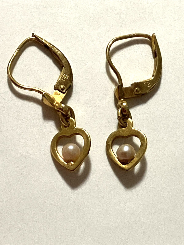 Vintage Gold Precious Metal W Germany Open Heart Pearl Dingle Earrings Signed FB