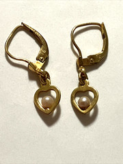Vintage Gold Precious Metal W Germany Open Heart Pearl Dingle Earrings Signed FB