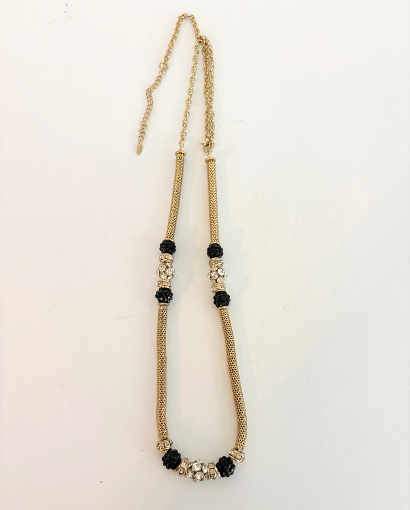 VCLM Gold Tone Mesh Necklace Black Crystal Rhinestone Statement Necklace