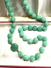 Newhouse..Molded Glass Faux Jade Necklace..25”..pretty flowered Clasp
